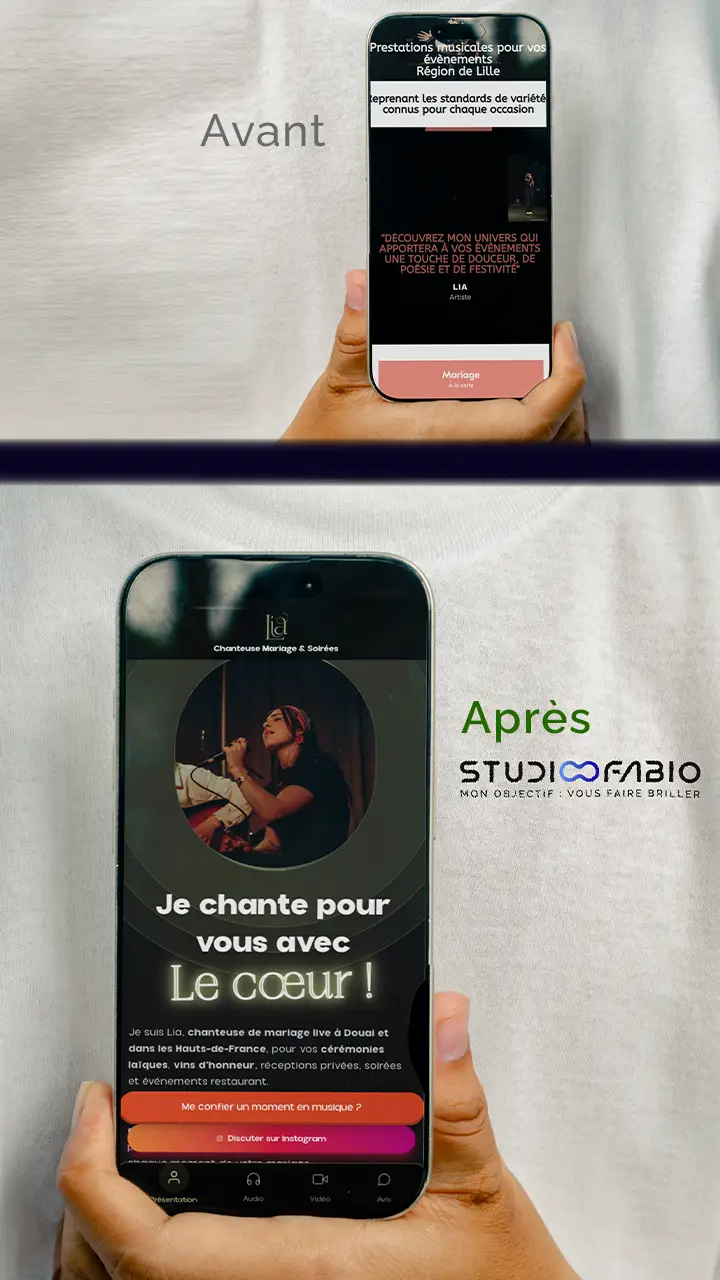 Refonte mobile avant/après pour une chanteuse de mariage